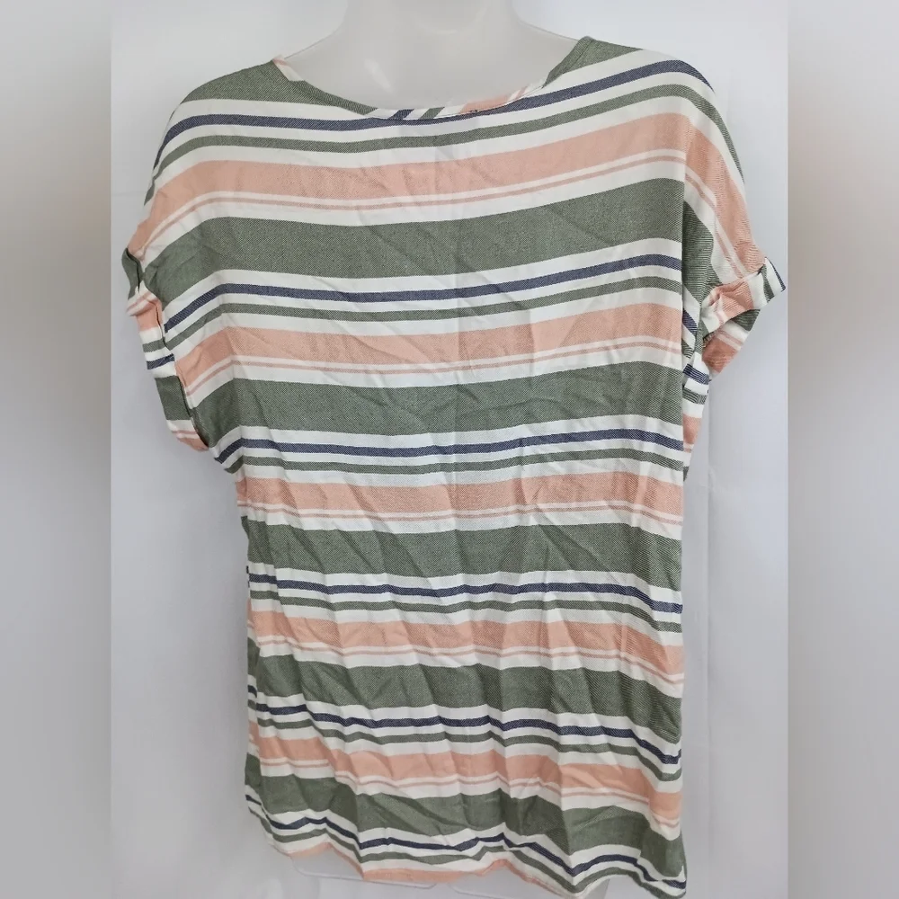 2/30 FRED DAVID Striped‎ Green, Pink, White Floral Embroidered Top (#214)
